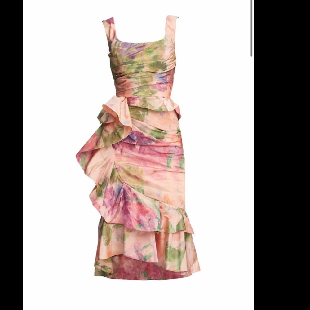 Marchesa Printed Tafetta Peplum Coral Cocktail Dress - Picture 4 of 5